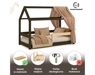 Łóżko domek dla dziecka z barierką i stelażem MILO Montessori Drewniane