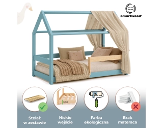 Łóżko domek dla dziecka z barierką i stelażem MILO Montessori Drewniane
