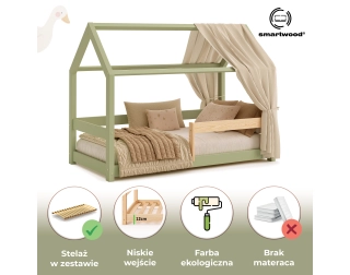 Łóżko domek dla dziecka z barierką i stelażem MILO Montessori Drewniane