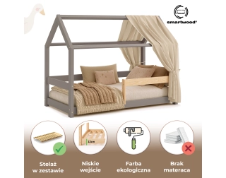 Łóżko domek dla dziecka z barierką i stelażem MILO Montessori Drewniane