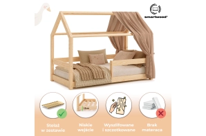 Łóżko domek dla dziecka z barierką i stelażem MILO Montessori Drewniane