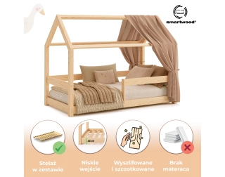 Łóżko domek dla dziecka z barierką i stelażem MILO Montessori Drewniane