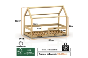 Łóżko domek dla dziecka z barierką i stelażem MILO Skandynawskie Sosnowe