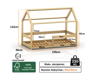 Łóżko domek dla dziecka z barierką i stelażem MILO Skandynawskie Sosnowe