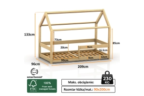 Łóżko domek dla dziecka z barierką i stelażem MILO Montessori Drewniane