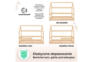 Łóżko domek dla dziecka z barierką i stelażem MILO Montessori Drewniane