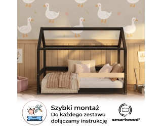Łóżko domek dla dziecka z barierką i stelażem MILO Montessori Drewniane