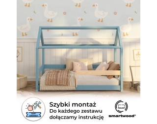 Łóżko domek dla dziecka z barierką i stelażem MILO Montessori Drewniane