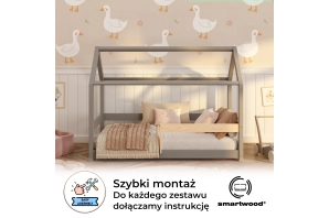 Łóżko domek dla dziecka z barierką i stelażem MILO Montessori Drewniane