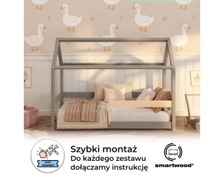 Łóżko domek dla dziecka z barierką i stelażem MILO Montessori Drewniane