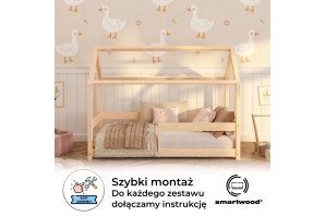 Łóżko domek dla dziecka z barierką i stelażem MILO Montessori Drewniane