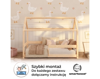 Łóżko domek dla dziecka z barierką i stelażem MILO Montessori Drewniane
