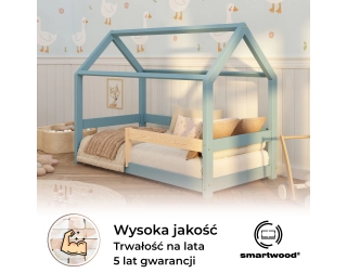 Łóżko domek dla dziecka z barierką i stelażem MILO Montessori Drewniane