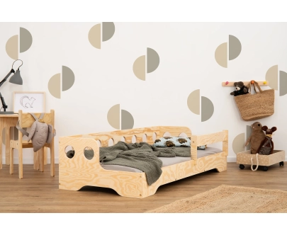 Łóżko pojedyncze dla dzieci z barierką i stelażem sofa TILA 5S Montessori Drewniane