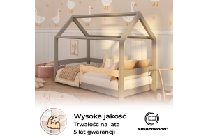 Łóżko domek dla dziecka z barierką i stelażem MILO Montessori Drewniane