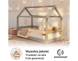 Łóżko domek dla dziecka z barierką i stelażem MILO Montessori Drewniane