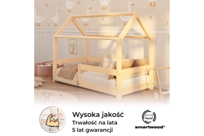 Łóżko domek dla dziecka z barierką i stelażem MILO Montessori Drewniane