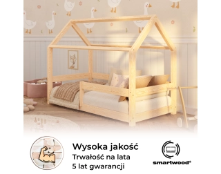 Łóżko domek dla dziecka z barierką i stelażem MILO Montessori Drewniane