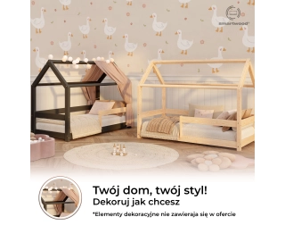Łóżko domek dla dziecka z barierką i stelażem MILO Montessori Drewniane