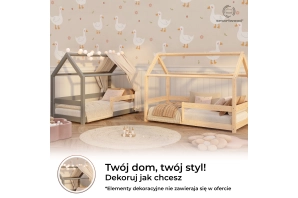 Łóżko domek dla dziecka z barierką i stelażem MILO Montessori Drewniane