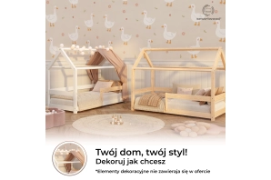 Łóżko domek dla dziecka z barierką i stelażem MILO Montessori Drewniane