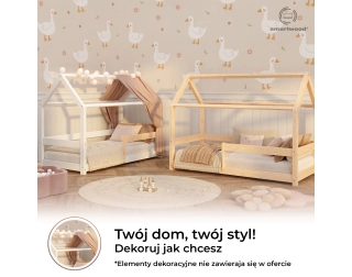 Łóżko domek dla dziecka z barierką i stelażem MILO Montessori Drewniane