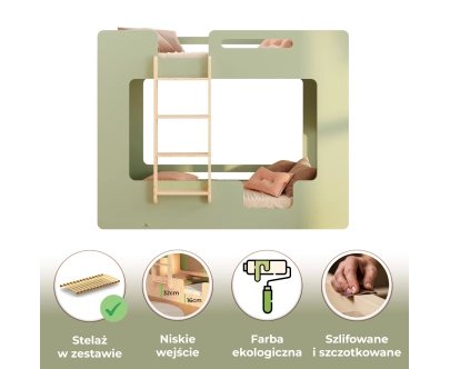 Łóżko piętrowe dla dzieci z barierkami i stelażem MIMI B Montessori Drewniane