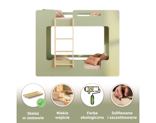 Łóżko piętrowe dla dzieci z barierkami i stelażem MIMI B Montessori Drewniane