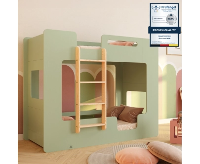 Łóżko piętrowe dla dzieci z barierkami i stelażem MIMI B Montessori Drewniane