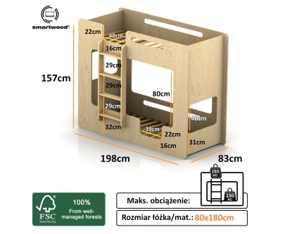 Łóżko piętrowe dla dzieci z barierkami i stelażem MIMI B Montessori Drewniane
