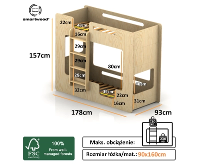 Łóżko piętrowe dla dzieci z barierkami i stelażem MIMI B Montessori Drewniane