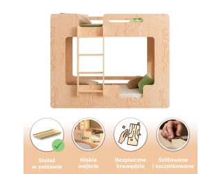 Łóżko piętrowe dla dzieci z barierkami i stelażem MIMI B Montessori Drewniane