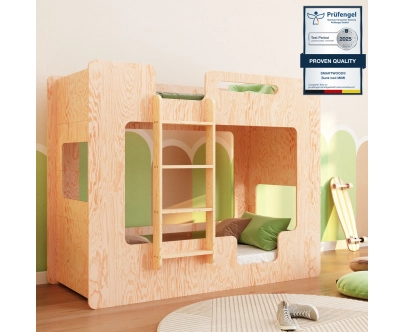 Łóżko piętrowe dla dzieci z barierkami i stelażem MIMI B Montessori Drewniane