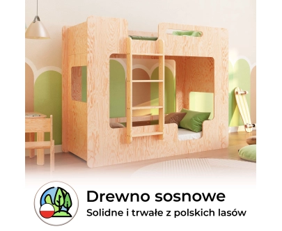 Łóżko piętrowe dla dzieci z barierkami i stelażem MIMI B Montessori Drewniane