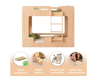 Łóżko piętrowe dla dzieci z barierkami i stelażem MIMI B Montessori Drewniane