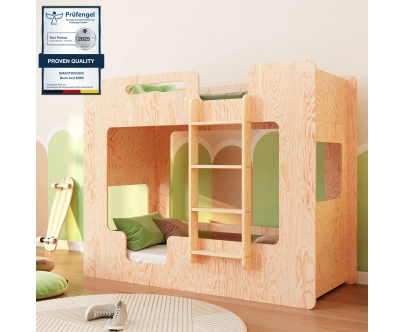 Łóżko piętrowe dla dzieci z barierkami i stelażem MIMI B Montessori Drewniane