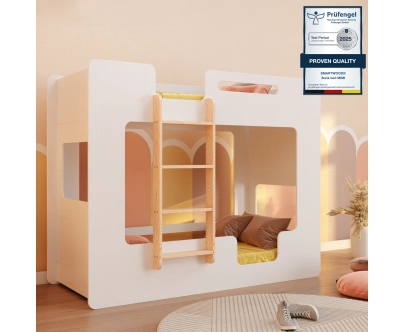 Łóżko piętrowe dla dzieci z barierkami i stelażem MIMI B Montessori Drewniane