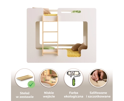 Łóżko piętrowe dla dzieci z barierkami i stelażem MIMI B Montessori Drewniane