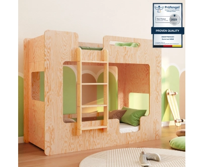 Łóżko piętrowe dla dzieci z barierkami i stelażem MIMI B Montessori Drewniane