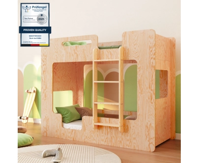 Łóżko piętrowe dla dzieci z barierkami i stelażem MIMI B Montessori Drewniane