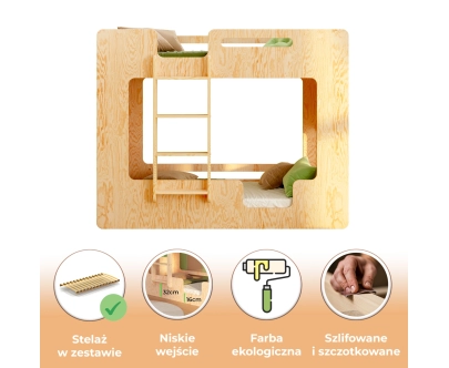 Łóżko piętrowe dla dzieci z barierkami i stelażem MIMI B Montessori Drewniane