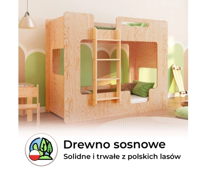 Łóżko piętrowe dla dzieci z barierkami i stelażem MIMI B Montessori Drewniane