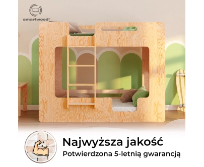 Łóżko piętrowe dla dzieci z barierkami i stelażem MIMI B Montessori Drewniane