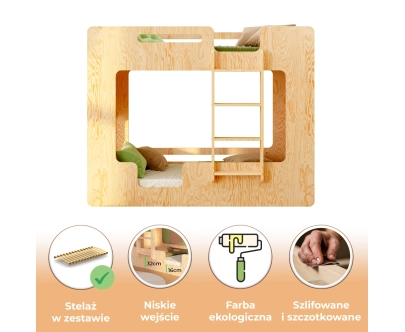 Łóżko piętrowe dla dzieci z barierkami i stelażem MIMI B Montessori Drewniane