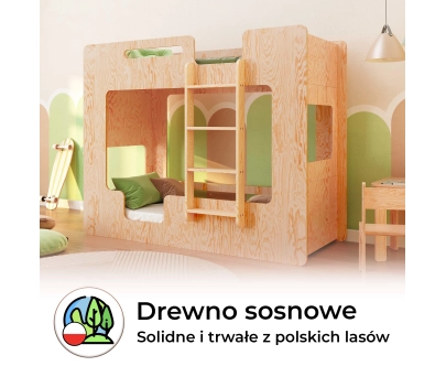 Łóżko piętrowe dla dzieci z barierkami i stelażem MIMI B Montessori Drewniane