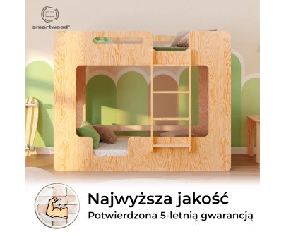 Łóżko piętrowe dla dzieci z barierkami i stelażem MIMI B Montessori Drewniane