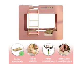 Łóżko piętrowe dla dzieci z barierkami i stelażem MIMI B Montessori Drewniane