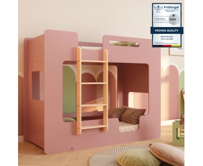 Łóżko piętrowe dla dzieci z barierkami i stelażem MIMI B Montessori Drewniane