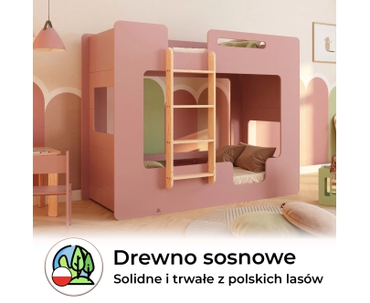 Łóżko piętrowe dla dzieci z barierkami i stelażem MIMI B Montessori Drewniane