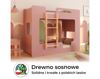 Łóżko piętrowe dla dzieci z barierkami i stelażem MIMI B Montessori Drewniane